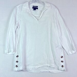 Tahari 100% Linen 3/4 Sleeve White Top Size:M